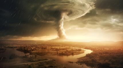 Large explosion has occurred in a city, and the sky is filled with smoke and rain. The city is surrounded by a river, and the landscape is desolate and ruined. Scene is one of destruction