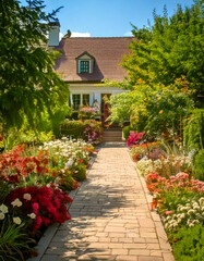 Obraz premium A garden path lined with blooming flowers leading to a welcoming home.