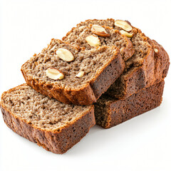 Handmade loaf of moist and flavorful banana bread perfectly positioned on a clean white background for display