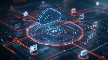 A high tech digital visualization depicting a luminous holographic like network of interconnected cloud based systems and data