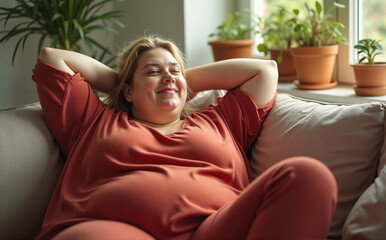 overweight woman in red pajamas relaxing on a couch