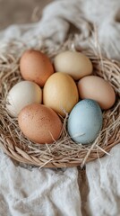 Naturally dyed Easter eggs in earthy tones in a woven basket