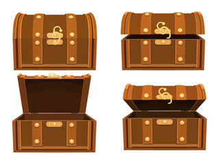 Set of chests with different lid positions, open, half open, closed, half closed, medieval cartoon chest with twist lock, pirate treasure, isolated icon, on a transparent background
