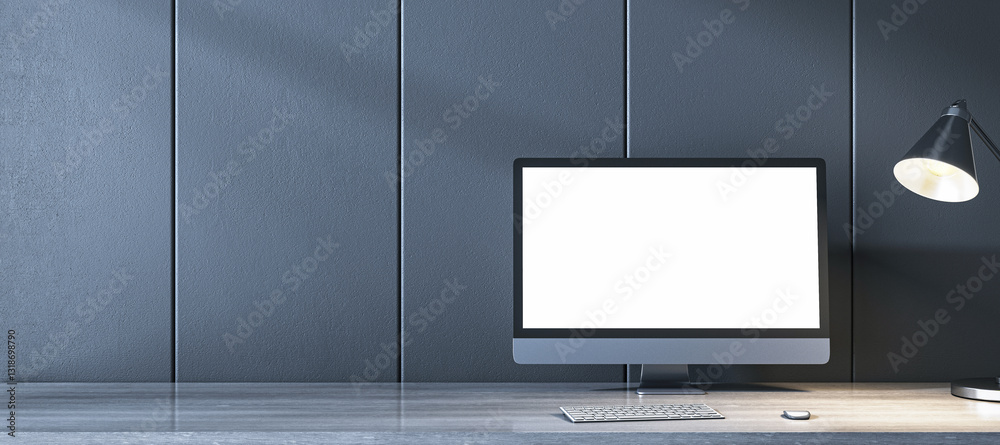 Aufkleber Modern Workspace with Computer Monitor on Desk. 3D Rendering