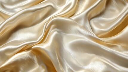 A close-up view of luxurious satin fabric with a smooth, shiny surface. The golden hue enhances its elegance and adds depth to the folds.