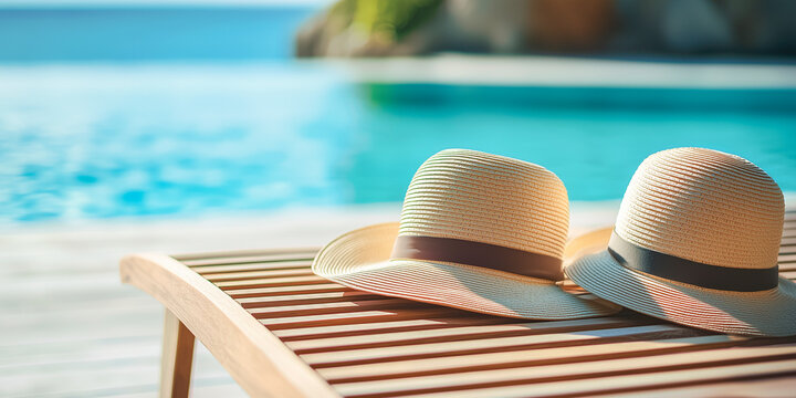 straw hats resting on a wooden lounge chair beside a turquoise swimming pool - relaxation and tropical vacation concept