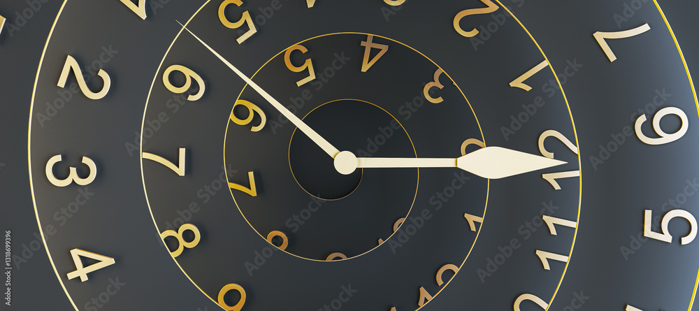 Poster Abstract spiral clock with golden numbers and hands on dark background. 3D Rendering