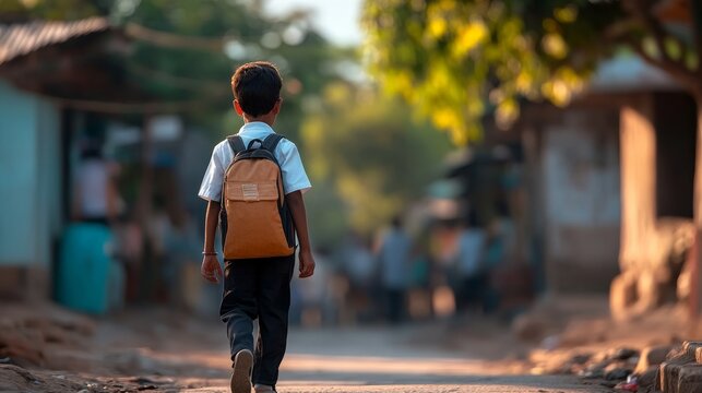 Boy wearing a backpack walks down a dirt road. The scene is set in a rural area with a few people around. The boy appears to be walking to school