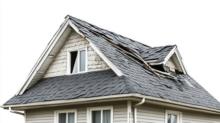 A house with a roof full of visible damage, scattered shingles, cracks, and dents, Isolated on white background. Insurance concept.