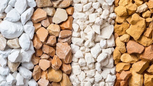 Four vertical stripes of white, light brown, off-white, and ochre rocks, Different colors and sizes of crushed stones arranged in stripes.