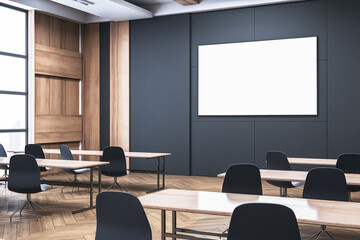 Modern auditorium with seats and screen mockup. 3D Rendering