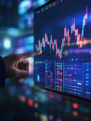 Stockbroker pointing at the K-line chart on the stock screen