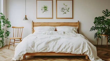 Minimalist Bedroom Interior Design Featuring Wooden Bed and Natural Green Plants in Bright Space