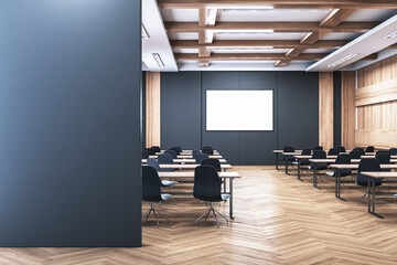Modern auditorium with seats and screen for presentations. 3D Rendering