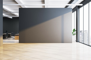 Modern office interior with blank dark wall and city view. 3D Rendering