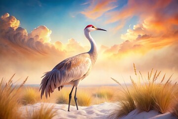Fototapeta premium Surreal Sandhill Crane Profile: Elegant Bird in Dreamlike Landscape