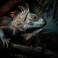 Green Iguana on Branch in Lush Tropical Forest, vibrant foliage surrounds, showcasing the beauty of wildlife in a serene environment