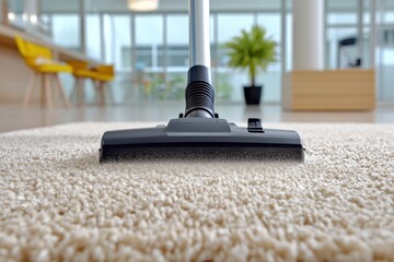 Vacuum cleaner on beige carpet, cleaning dust and dirt in bright room.