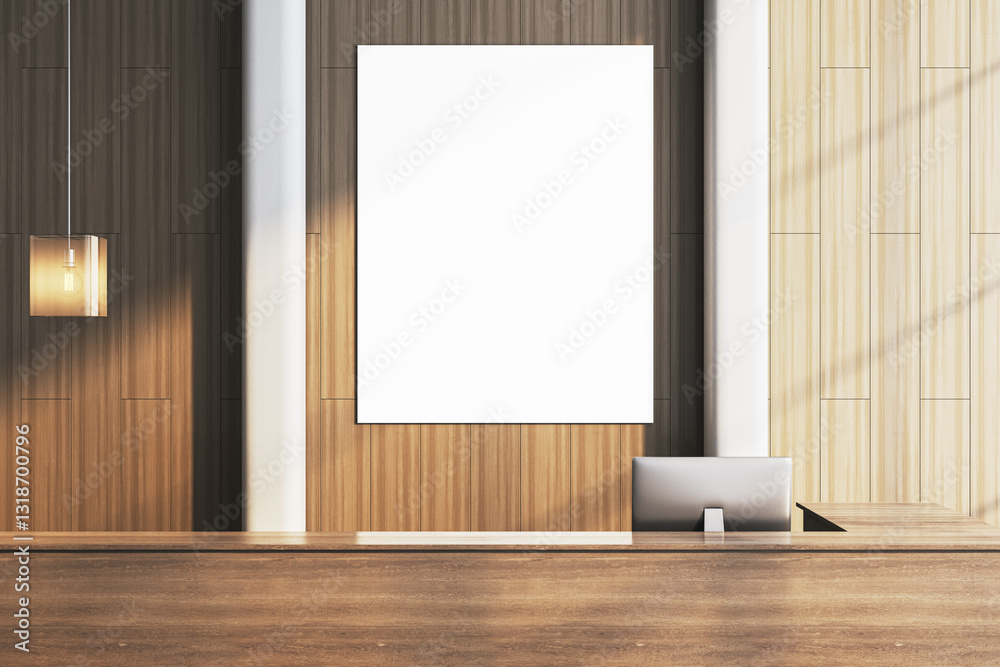 Poster modern reception desk with vertical blank poster on wooden wall. 3d rendering