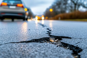 Close-up of cracked asphalt road, blurred cars and lights in background, wet pavement.