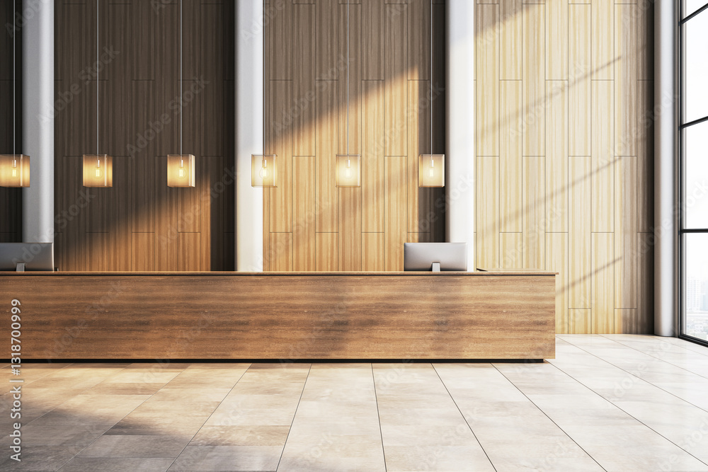 Poster modern hotel reception desk in a spacious lobby with wooden panel walls and pendant lighting. 3d ren