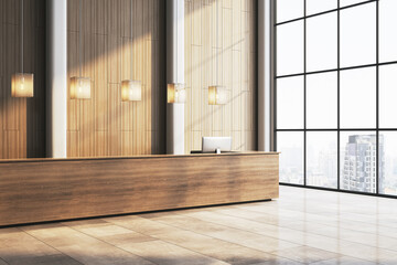 Obraz premium Modern wooden reception desk in spacious hotel lobby with sunlight and city view. 3D Rendering