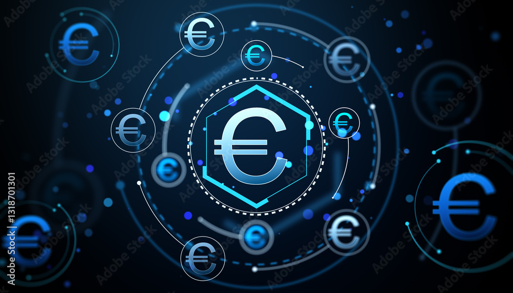 Poster Digital Euro symbols connected in a futuristic network. 3D Rendering