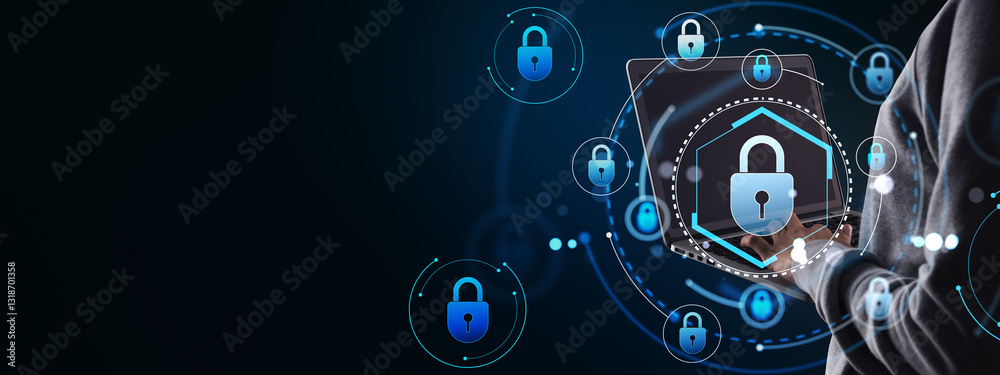 Aufkleber digital padlock icons on laptop screen with hacker in background.