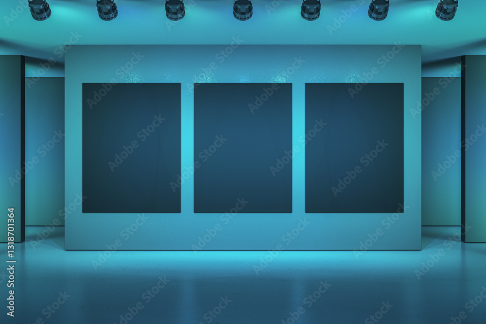 Poster modern exhibition gallery with three blank frames on a sleek blue-lit wall. 3d rendering