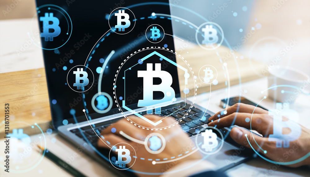 Poster bitcoin symbols on laptop screen with hologram effect.
