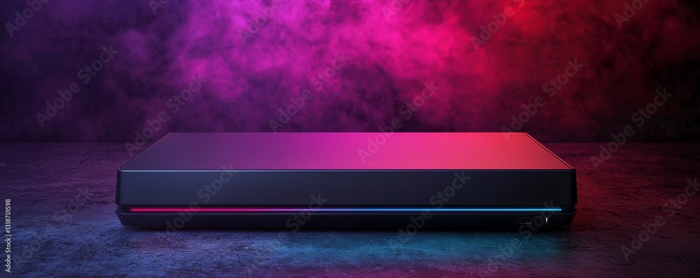 Poster sleek device illuminated by vibrant colored fog and lighting effects.
