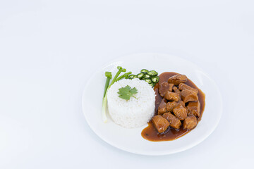 Rice with chicken in brown sauce, Braised Chicken On Rice, Chinese Chicken Rice, Chicken gravy with rice, Chinese style Meat gravy fragrant, Thaifood, Asian food style