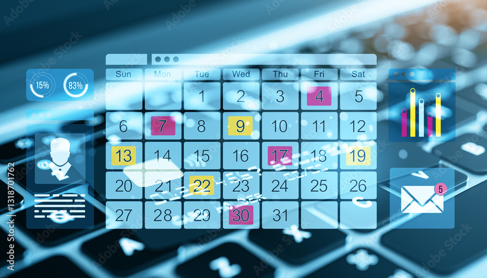 Aufkleber digital calendar on computer screen with business graphics.