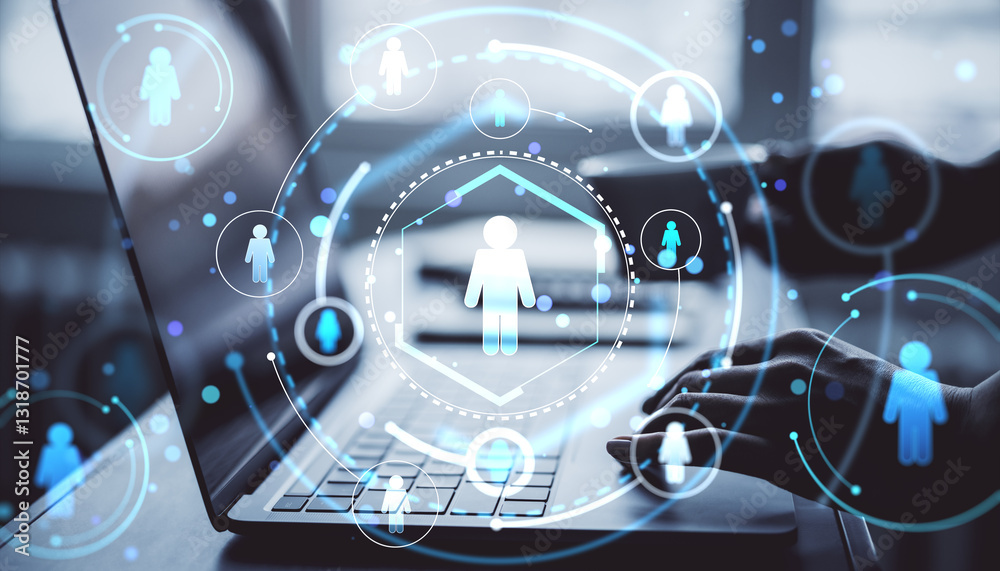 Poster digital network concept with icons on a laptop screen.