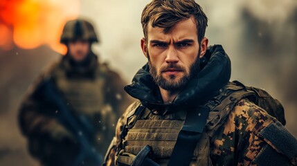 Fototapeta premium Man in a military uniform stands in front of a fire, looking at the camera. The scene is intense and dramatic, with the man's expression conveying a sense of determination and focus