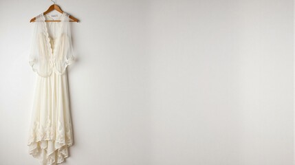 Delicate cream-colored vintage-style wedding dress hanging on wooden hanger against plain white wall. Soft fabric and timeless design inspire elegance and romance for spring weddings.