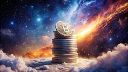 Surreal Stack of Bitcoin Coins: White Crypto Currency Digital Asset Finance Investment