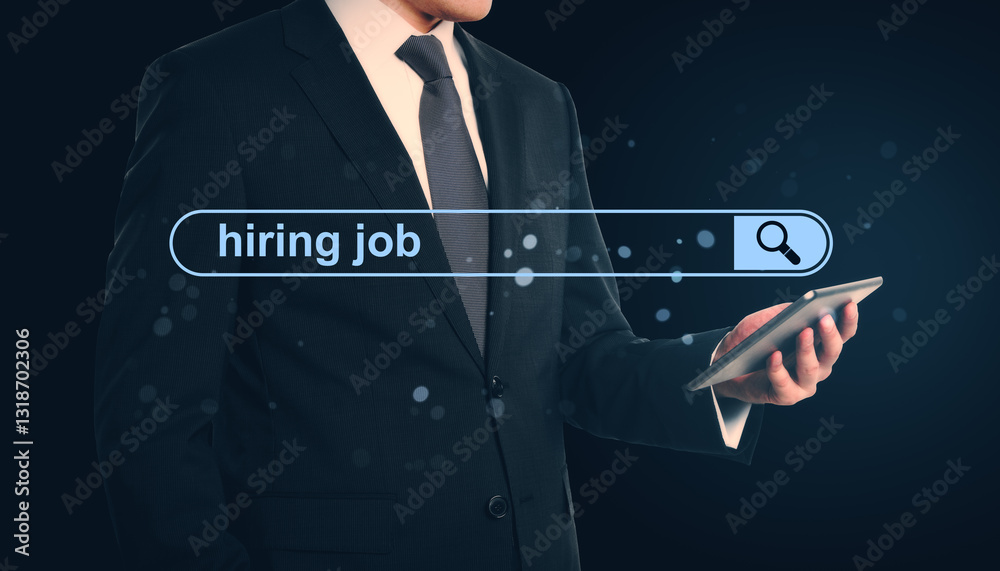 Poster businessman using tablet with 