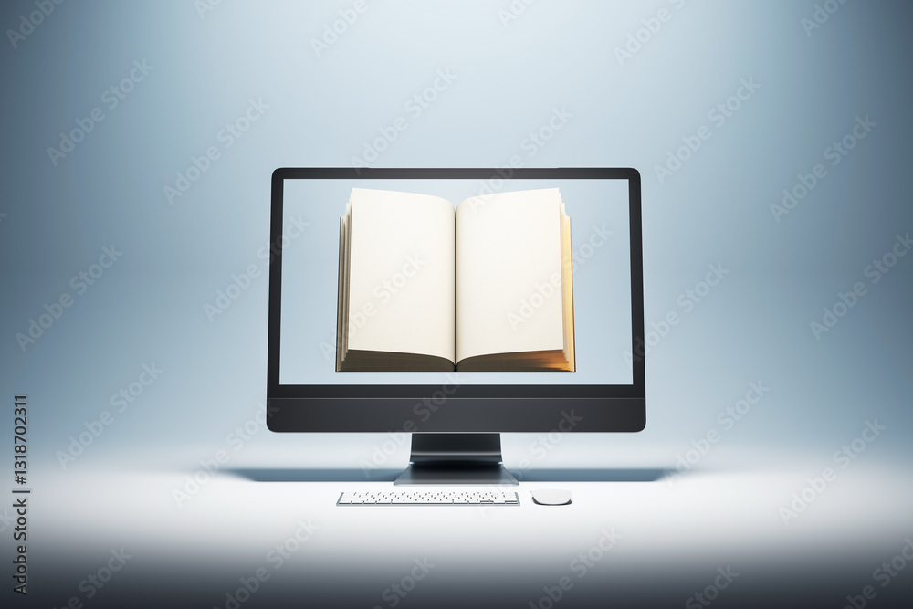 Poster Open book displayed on a computer screen, symbolizing e-learning and digital education. 3D Rendering