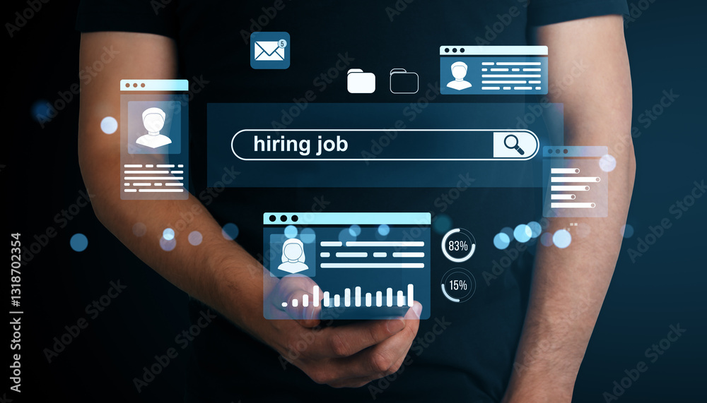 Poster online job search concept with hiring interface on mobile device.