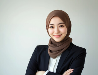 portrait of a professional Asian Chinesse Korean Japanesse female with hijab TV news presenter wearing dressed elegantly formal on a white background AI Generate
