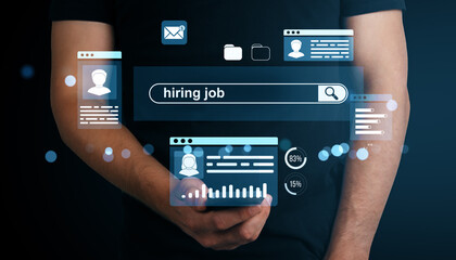 Online job search concept with hiring interface on mobile device.