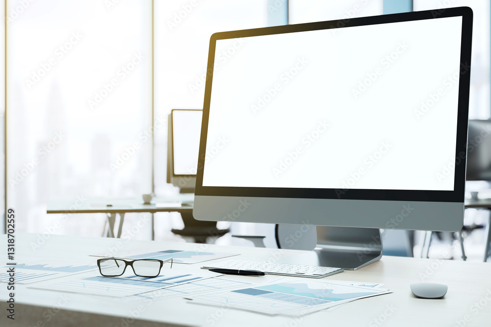 Poster blank computer screen on office desk with financial documents. 3d rendering