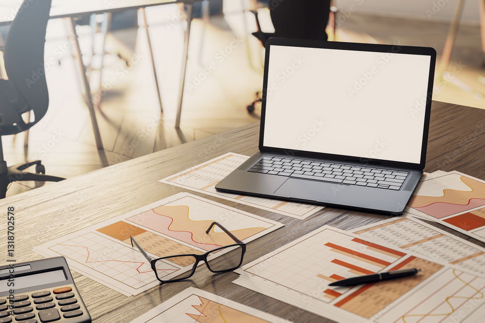 Poster blank laptop screen on office desk with financial charts and reports. 3d rendering