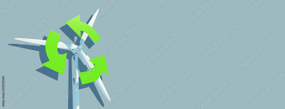 Poster windmill with green arrows on blue background. 3d rendering