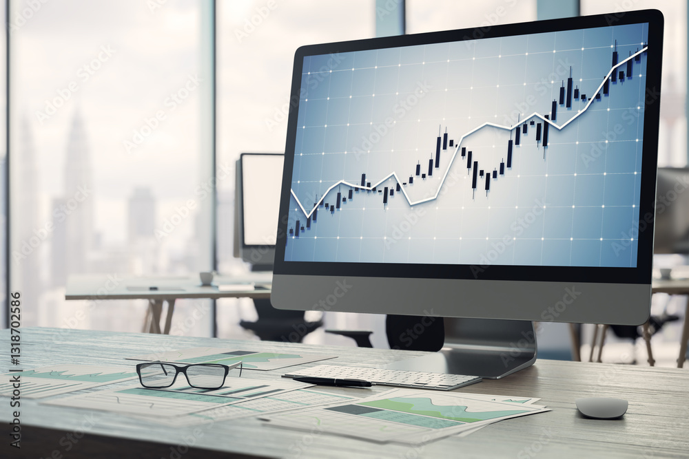 Poster financial chart on computer screen in modern office. 3d rendering
