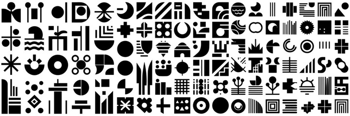 Abstract geometric shapes, refraction glass effects, Y2K aesthetics, Brutalist designs, vintage stickers, and trendy retro symbols.