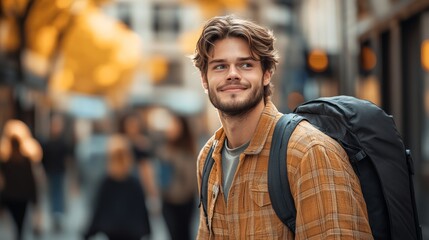 Fototapeta premium Man with a backpack and a smile on his face. He is wearing a plaid shirt