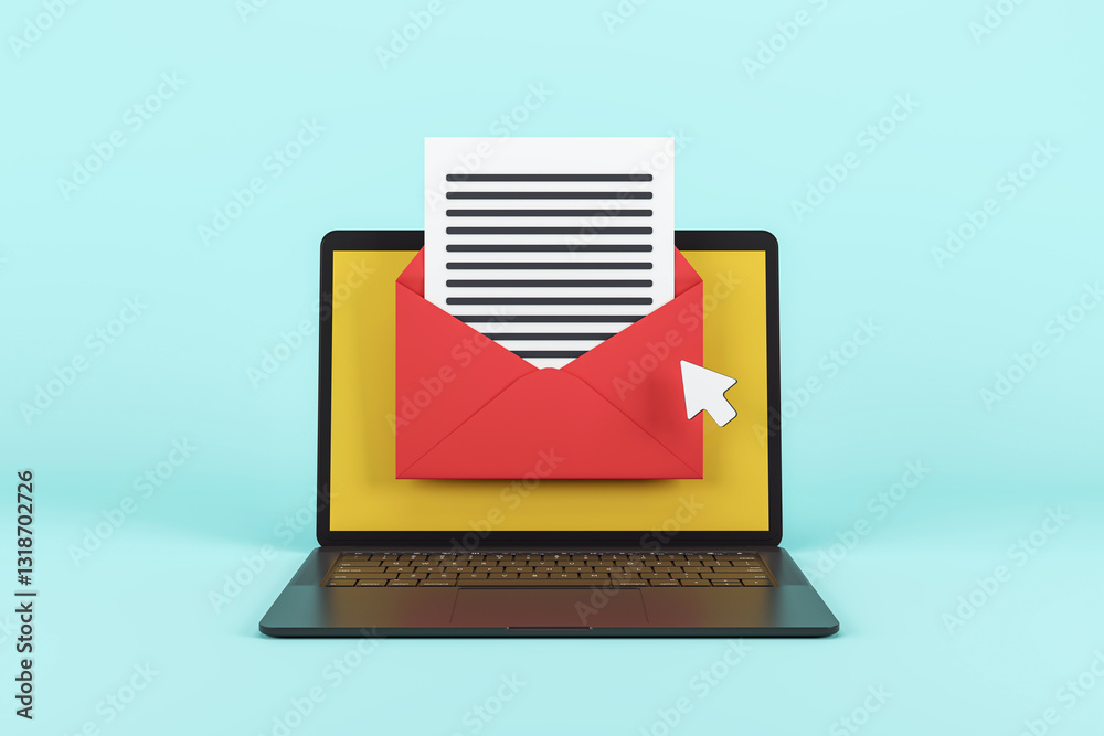 Poster email concept with laptop and envelope on screen. 3d rendering