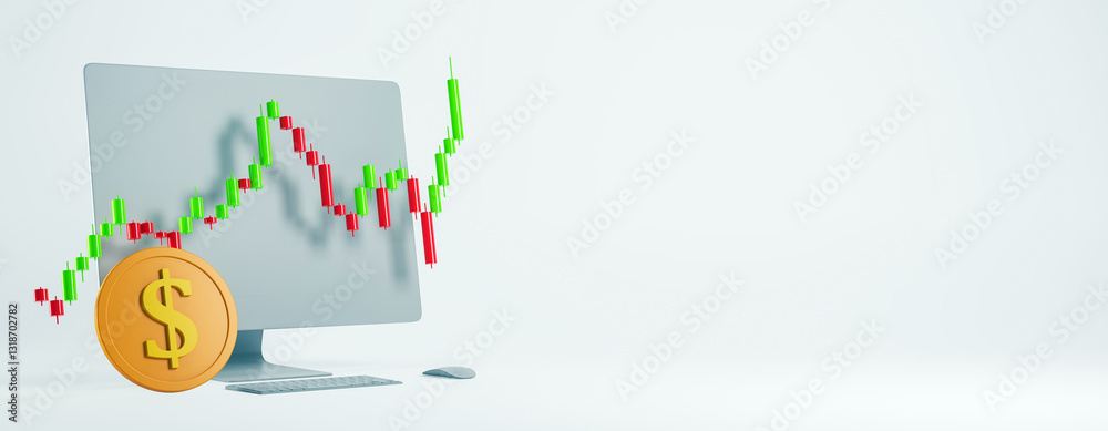 Aufkleber Digital forex trading chart displayed on a computer screen with a dollar coin symbol. 3D Rendering